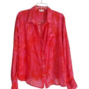 Sigrid Olsen Blouse Womens‎ 2XL Red Pink Sheer Floral Button Front Long Sleeve